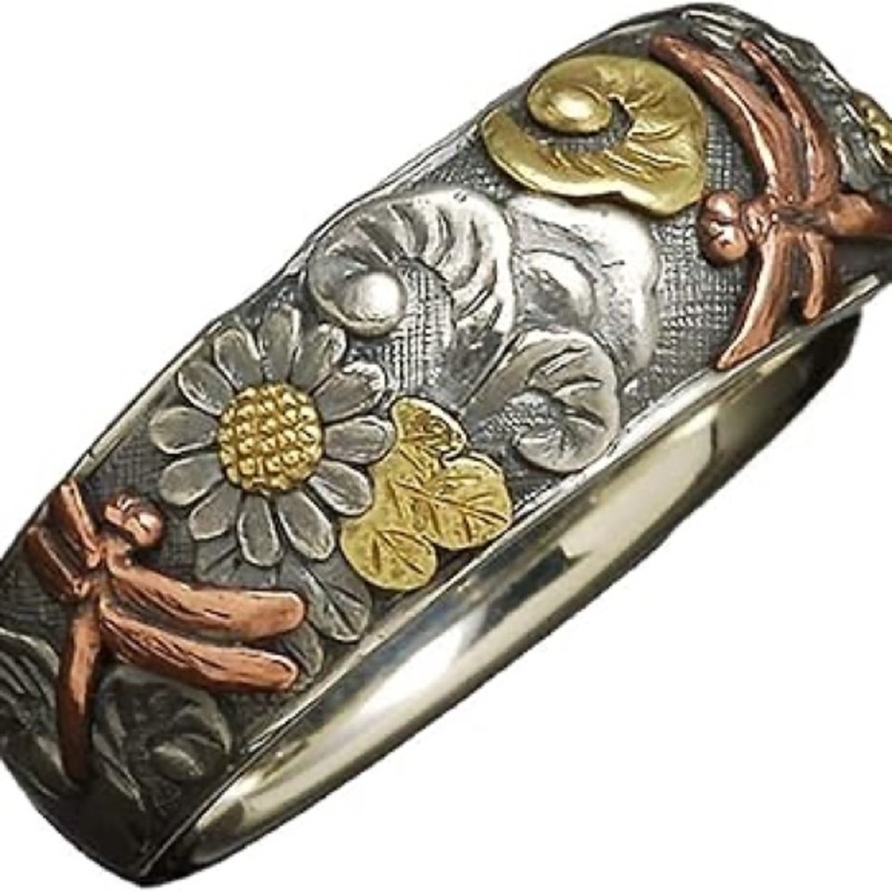 Vintage S925 750 Sterling Silver Rose Gold Carved Dragonfly Sunflower Ring - Picture 14 of 16